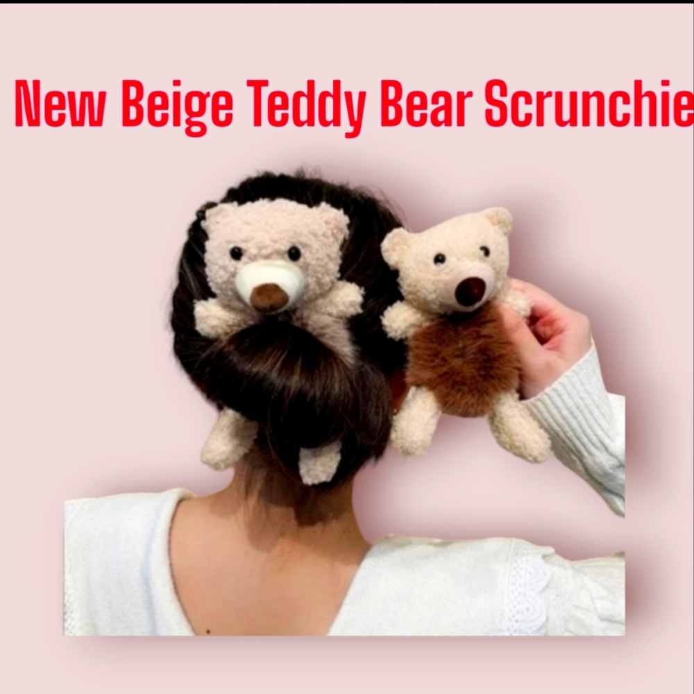 Teddy Bear w Fur belly Hair Scrunchie - Khaki